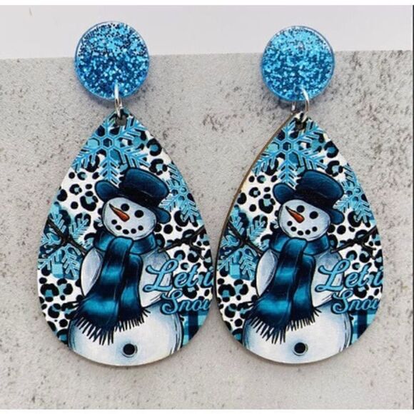 Wooden Water Drop Earrings ￼Snowman Blue & White - Picture 1 of 3